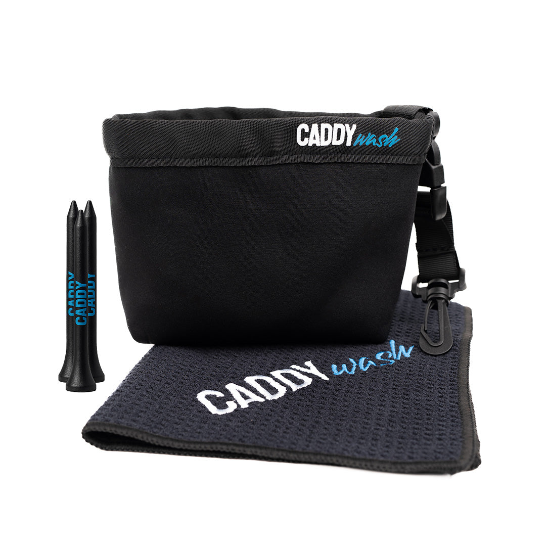 Black CADDYwash Golf Club Cleaner with Golf Waffle Towel and Premium CADDYwash Wooden Tees