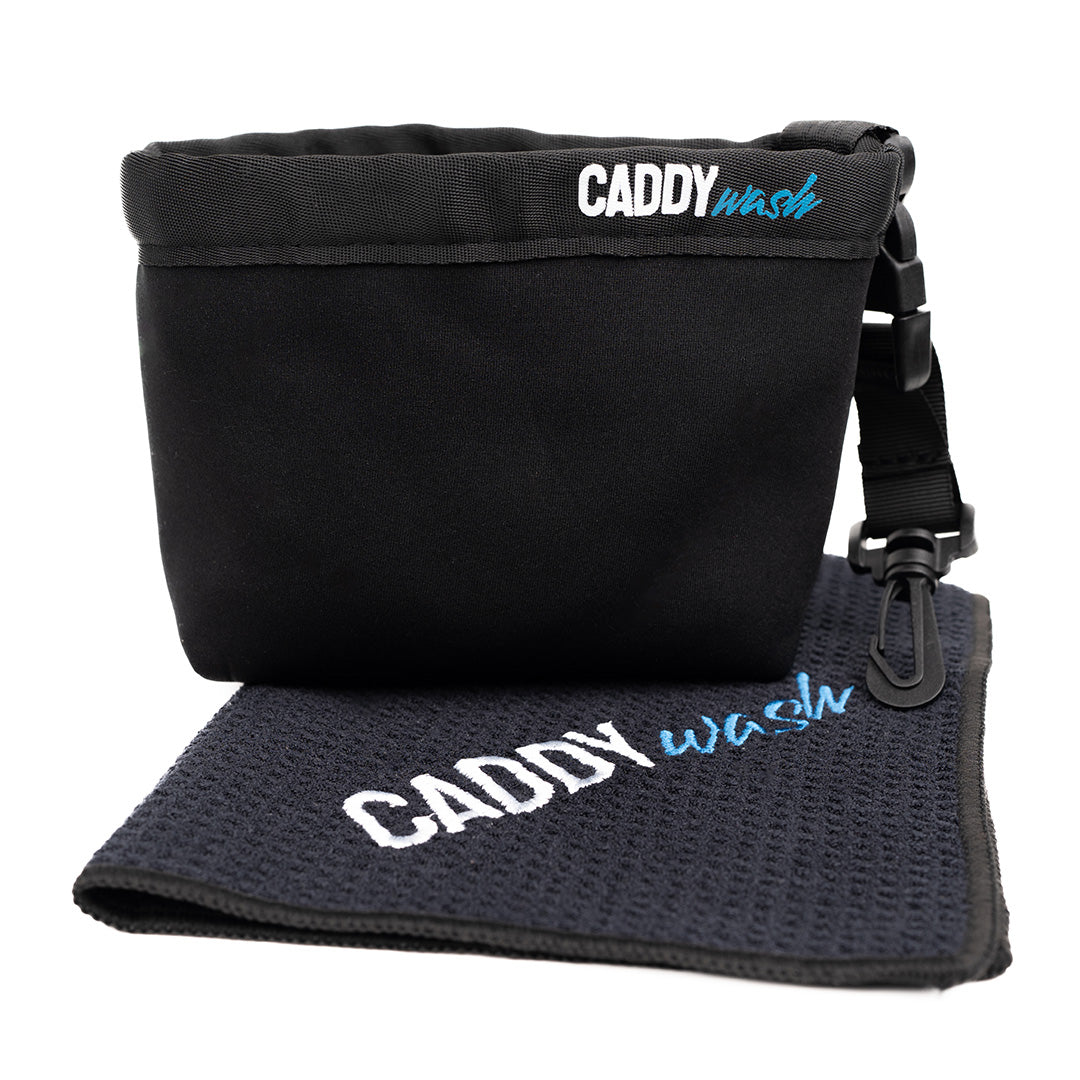 Black Golf Club Cleaner bag and Waffel Golf Towel with 'CADDYwash' branding on a white background