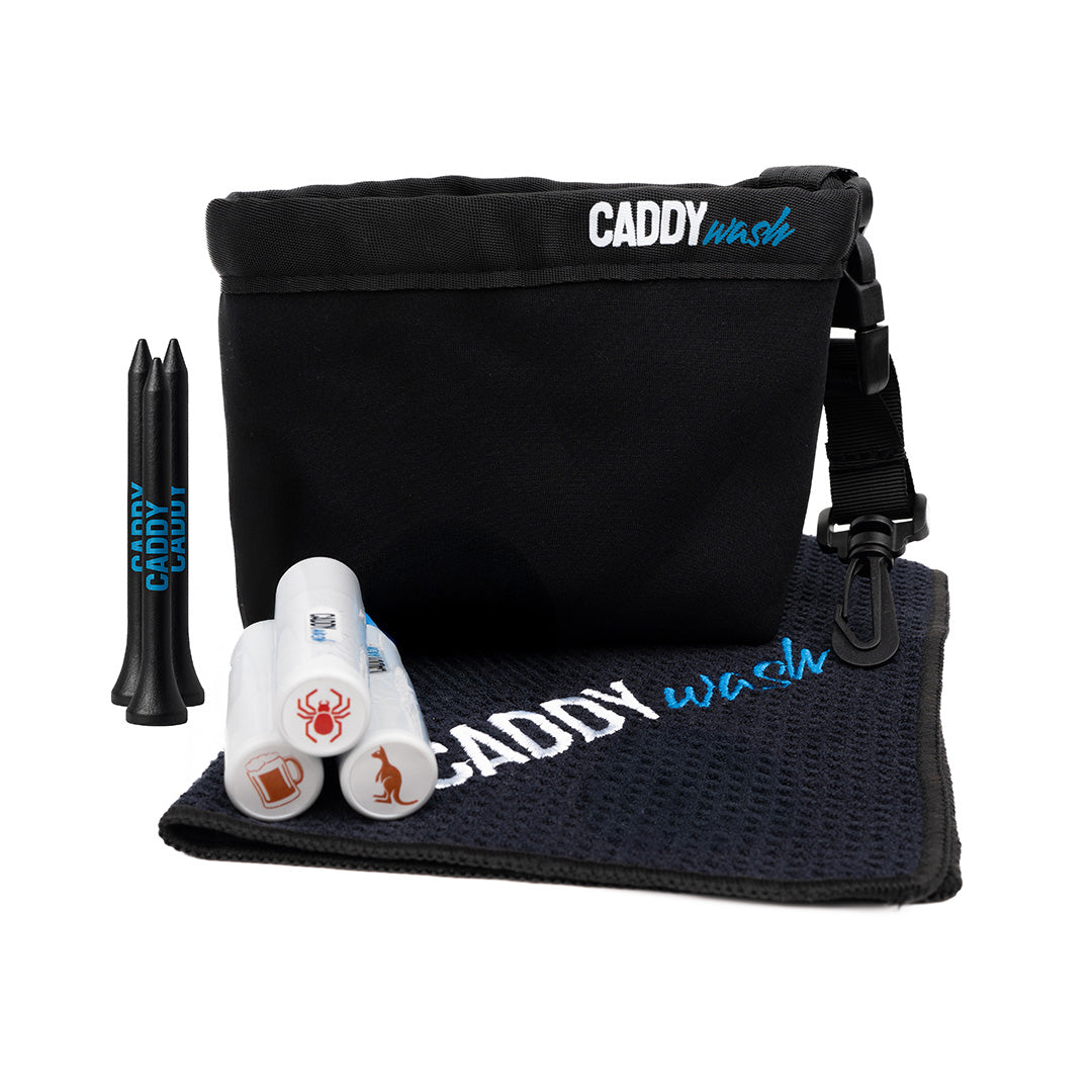 CADDYwash golf cleaning kit with black Golf Club Cleaner, Golf Waffle Towel, Premium Wooden Tees, and Golf Ball Stamps